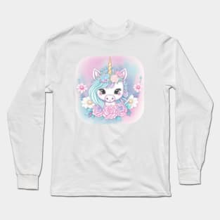 Cute Pastel Rainbow Unicorn Flowers Long Sleeve T-Shirt